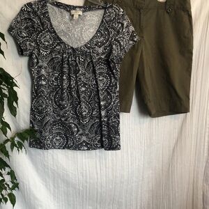LOFT olive green SZ 12 cargo shorts & sz M black paisley short sleeve top shirt